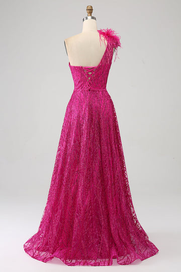 Fuchsia A-Line en skulder Feather Paillet, Lang gallakjole med slids